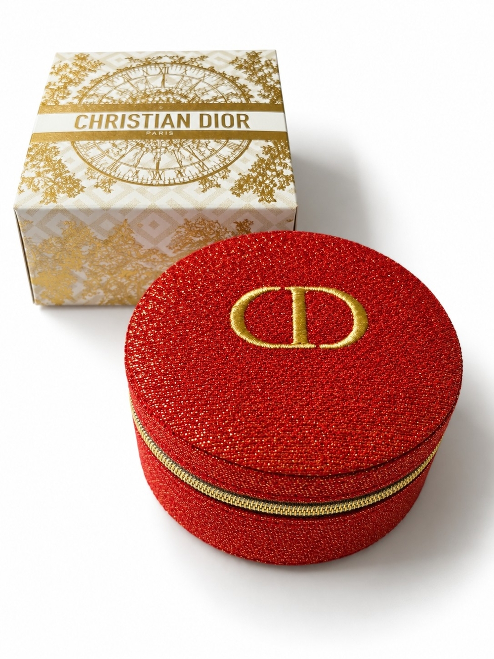 Dior Red Round Jewelry Case with Gold CD Logo